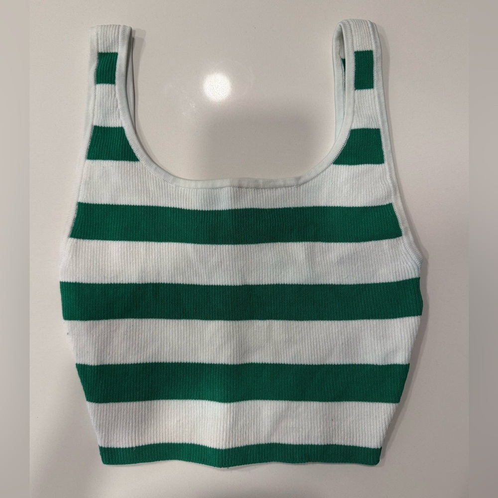 Babaton Sculpt Knit Square Neck Green and White Striped Tank Top